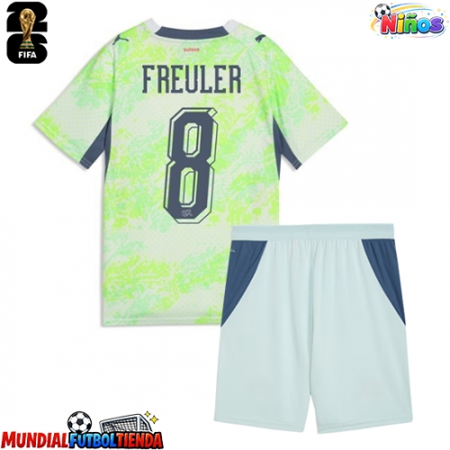 Camiseta Suiza Remo Freuler #8 Segunda Equipación Replica Mundial 2026 para niños mangas cortas (+ Pantalones cortos)